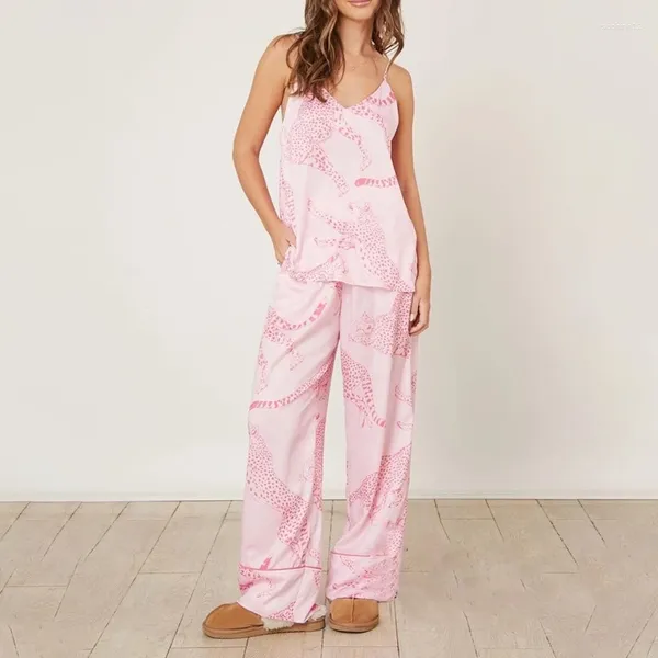 Accueil Vêtements Ensemble de vêtements de détente en satin imprimé animal guépard sans manches caraco pantalons 2 pièces vêtements de nuit pyjamas femmes tenues assorties d'été