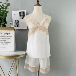Thuis Kleding Satijn Dames Nachtkleding Sexy Lingerie Pyjama Set Zacht Kant Patchwork Lounge Wear Strap Top Shorts Losse kleding