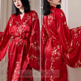 Ropa en el hogar Sexy Borgoña Bata de boda Mujeres Long Bronzing Flower Kimono Bassbal Vespas Nightgown Satin Sleepwear Tell Dress Loungewear