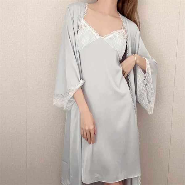 Accueil Vêtements Sexy Lace Sleepwear Nightgown Spring Summer Satin Nightwear Female Marchy Nightyrobe Set Robe Lounge Lounge Wear