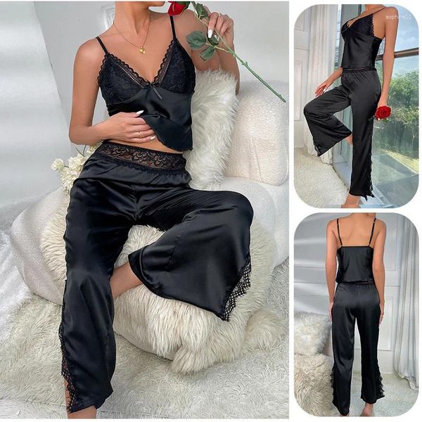 Vêtements à la maison Sexe pyjamas Set V cou cou de dentelle Camisole Pantalon élastique pantalon de la chair de nuit des femmes