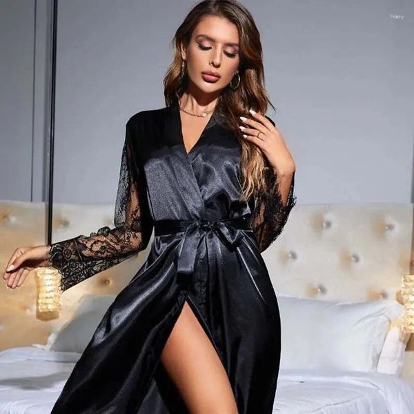 Vêtements à la maison Sexy Pyjamas Lace Lace Hollow Femme Cardigan Transparent Lichés de nuit Long Nightgown