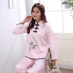 Accueil Vêtements Sexy Rose Dames Satin Vêtements De Nuit Pyjamas Ensemble Femmes Chinoises 2 PCS Pyjamas Costume Vintage Mandarin CollarButton Vêtements De Nuit