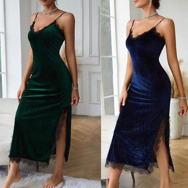 Inicio Ropa Vestidos con aberturas sexys para mujeres Ropa de dormir para niñas Camisola calada de encaje Batas de satén de seda de color sólido para mujer Vestidos ajustados con tirantes