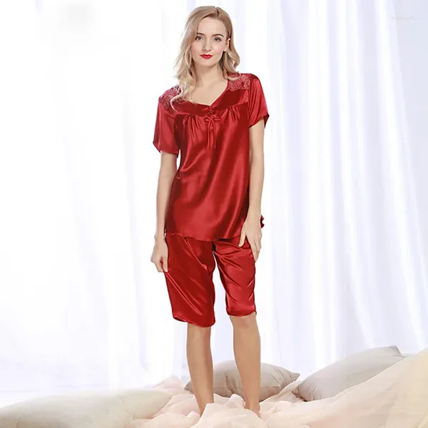 Vêtements à la maison Pyjama de sommeil à col en V sexy pour femmes Longe de genou Lingerie Pantalons courts en vrac de nuit d'été Two Piece