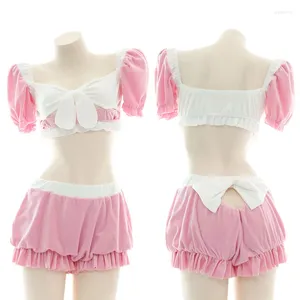 Pyjama en peluche et fourrure pour la maison, vêtements d'hiver Sexy, tenue de demoiselle d'honneur mignonne, Lingerie japonaise rose, Costume Anime Cosplay Lolita