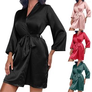 Home Vêtements Silk Kimono Robe Bathrobe Femmes Satin à manches longues sexy robes de couleur solide Bandage de printemps Summer Cardigan