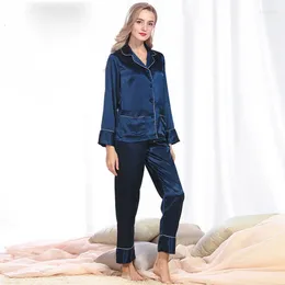 Vêtements maison Silk Loose Loose Long Manche Retom Down Collor Sleeping Pyjamas For Women Lingerie Pantals Nightwear Two Piece Wear
