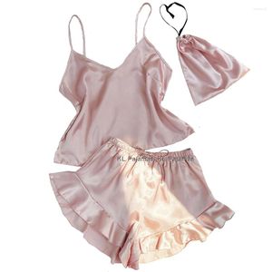 Ropa en el hogar Pajamas de seda Set Women Satin Ruffle Sleepwear Camisole Lingerie 2 piezas PJS Nightwear Cami Cami Tops Shorts Lounge Sets