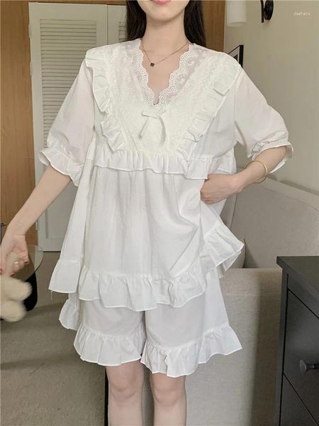 Vêtements à domicile Simple Sweet Solid Princess Sleeve Colon V-Neck Summer Pyjama Set Femmes Real Price Foliness Lace Lace Loose