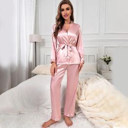 Home Kleding Solid Pink Pijama's Pak Nightwear Women 2pcs Pyjamas Set Spring Summer Silk Shear Sleepwear Losse Casual kleding Loungewear