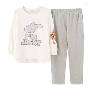 Accueil Vêtements printemps automne, jolies vêtements de nuit Femmes Pyjama sets lettre imprimé manche longue cou rond haut blanc et pantalon xxl