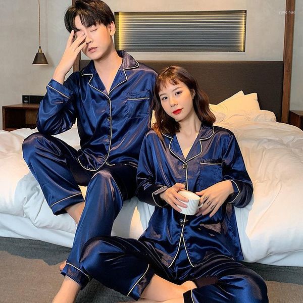 Inicio Ropa Primavera Otoño Amantes 2PCS Pijamas Traje Satén Conjunto de dormir Lencería íntima Ropa de dormir de gran tamaño Mujeres Hombres Pijamas