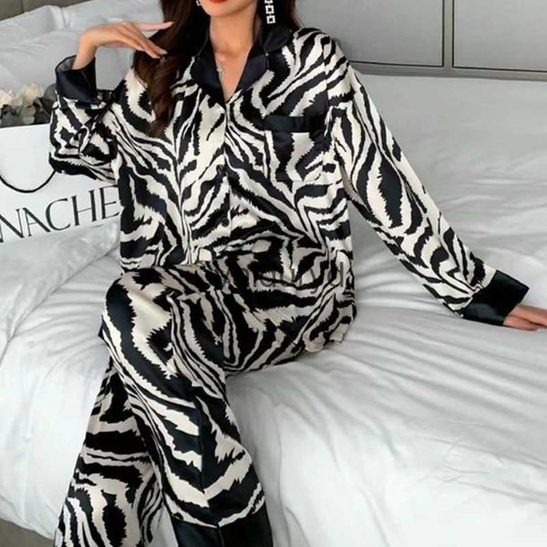 home clothing Printemps automne femmes pyjama ensembles fausse soie Satin Pijama à manches longues de luxe revers vêtements de nuit zèbre rayures pyjamas femme maison costumevaiduryd