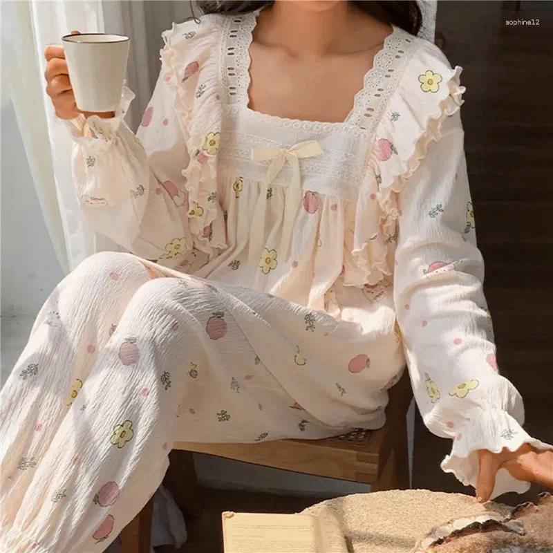 Home Kleding Lente Herfst Dames Nachtjapon Pyjamaset met lange mouwen Mooie frisse bloemenprint Kleding Los katoen