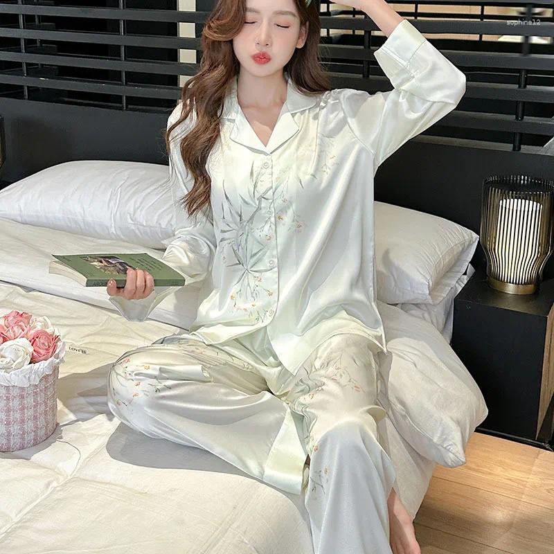 Hemkläder Spring Printed Satin 2st Pyjamas Set Summer Pyjamas Suit Women Långärmad Sleepwear Trouser Lingerie Casual kläder