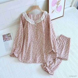 Casa roupas primavera pijamas conjunto em torno do pescoço loungewear impressão casa roupas femininas manga longa pijamas feminino terno r231115