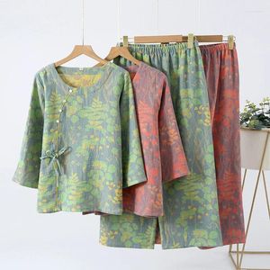 Thuiskleding Lente retro Jacquard katoenen gaas pyjama voor vrouwen Chinese stijl diagonale kraag 3/4 mouwen en 9/4 broek set