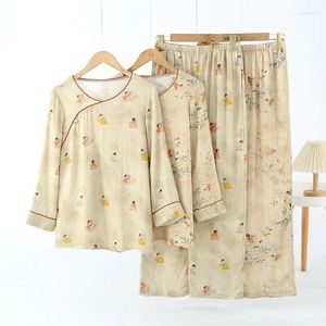 Thuiskleding lente / zomer Chinese stijl pyjama's voor dames lange mouwen broek dunne bamboe katoen dubbele laag gaas set