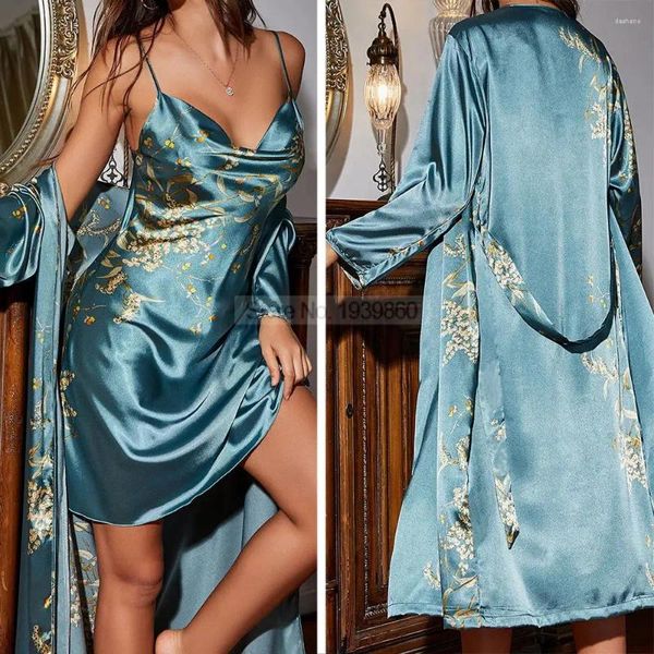 Accueil Vêtements Printemps Eté Femme Kimono Peignoir Robe Chemise De Nuit Ensemble Lâche Satin Robe Sexy Imprimé Cerise 2 Pièces Robe De Nuit