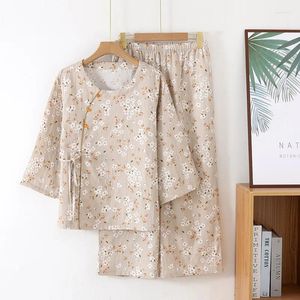 Thuiskleding lente / zomer dunne katoenen gaas pyjama's voor dames Chinese stijl retro loungewear set lange mouwen broek pijama mujer