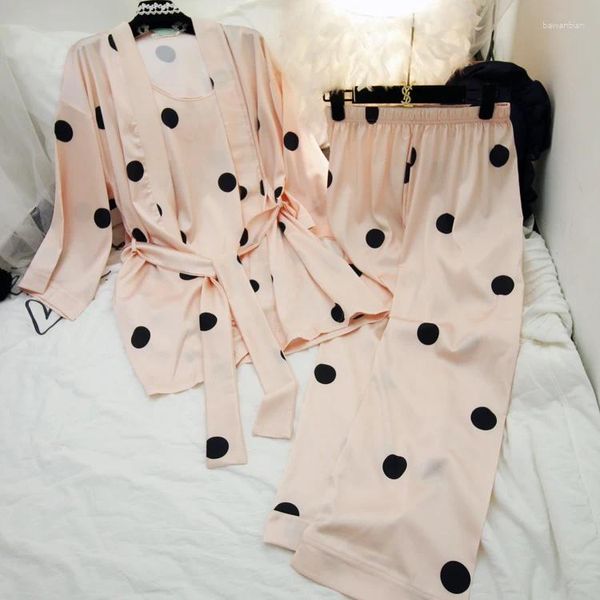 Vêtements à la maison Femme de printemps d'été Trois pièces en soie satin pyjamas Sweet Polka Dot Pantalons de vêtements de nuit Set Nightwear