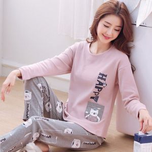 Vêtements de maison Printemps Mince 2 pièces Pyjamas Ensemble Femmes Hauts Coton Col Rond Filles Pyjamas Ensembles Tasse À Thé Chat Vêtements De Nuit Vêtements Pijamas Mujer 221202