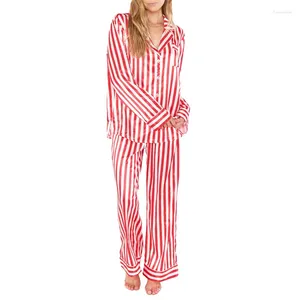 Vêtements à domicile Stripe Pyjama Christmas Loungewear Femmes Single Breasted à manches longues Shirts avec poche et pantalon