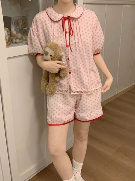 Accueil Vêtements Été Dentelle Japonaise Simple Douce Princesse Manches Courtes Pyjama Ensemble Femmes Mignon Points Élégant Décontracté Shorts Vêtements De Nuit Fille