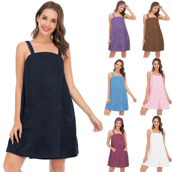 Ropa en el hogar Summer de color sólido Color sólido Mujeres camisones con bolsillos de baño Switch Shower Beauty Salon Toalla de ropa de casa Rata