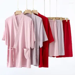 Accueil Vêtements Ensembles de pyjama pour femmes d'été doux noué sur le devant mince kimono Homewear avec demi-manches shorts Viscose vêtements amples pour les femmes