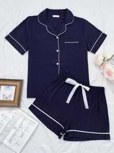 Ropa en el hogar Summer Pajamas para mujeres Juegos de manga corta Top Button de collar con muescas de cintura elástica Suguming Sleepwear