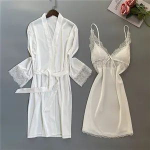 Accueil Vêtements Summer Femmes Sleeping Mandard de nuit rose Lace Bride Bridesmaid Wedding Robe Kimono Sleep Sleep Sleet Silky Satin Loose Robe