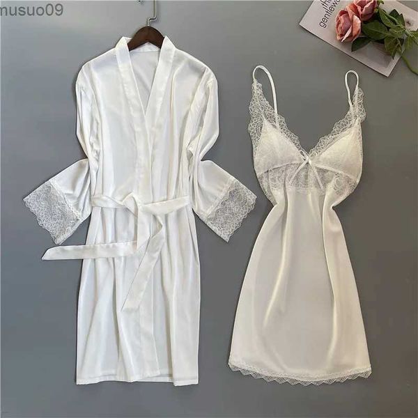 ropa en el hogar Summer Pajamas Pajamas Noche de encaje rosa Bridal Bridal Destino Vestido de novia Kimono Pajama sexy Satina Satin Vestida de hogar suelto