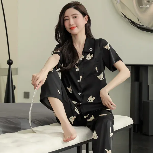 Accueil Vêtements Summer Young Korean Couple Ice Silk mince pyjamas Pantalons longs à manches courtes Set Softs Lovers Smewear Cartoon Dog Comfort Fury