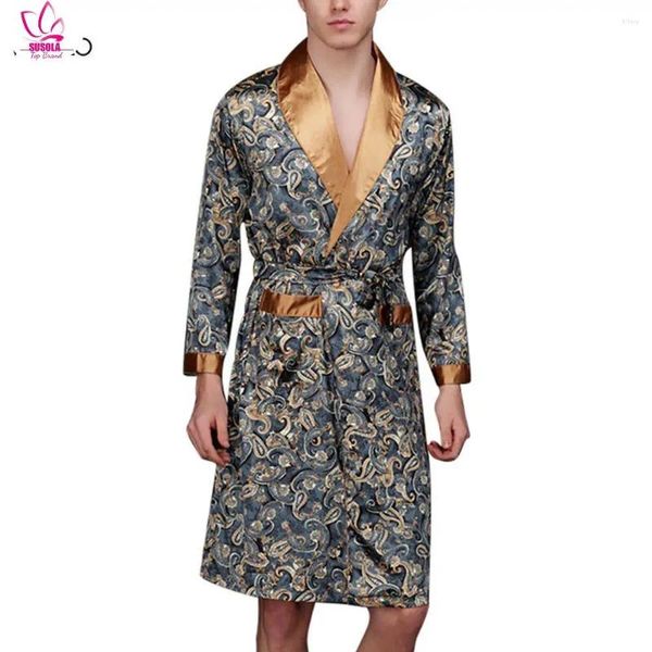 Home Vêtements Susola Men Bathrobe Simulation Silk Imprime Pyjamas Lingerie Robe Mens Summer Male Senior Satin Sleeping