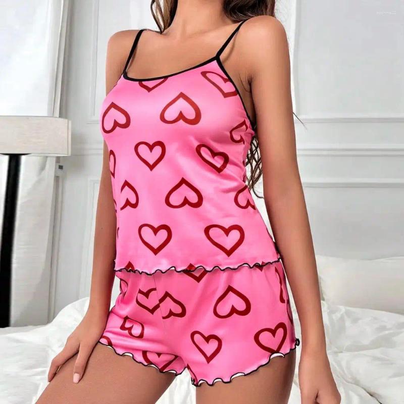 Home Clothing Suspenders Set Heart Print Women's Pajama With Shirring Sleeveless Top Elastic Waist Shorts Soft Silky For Lady