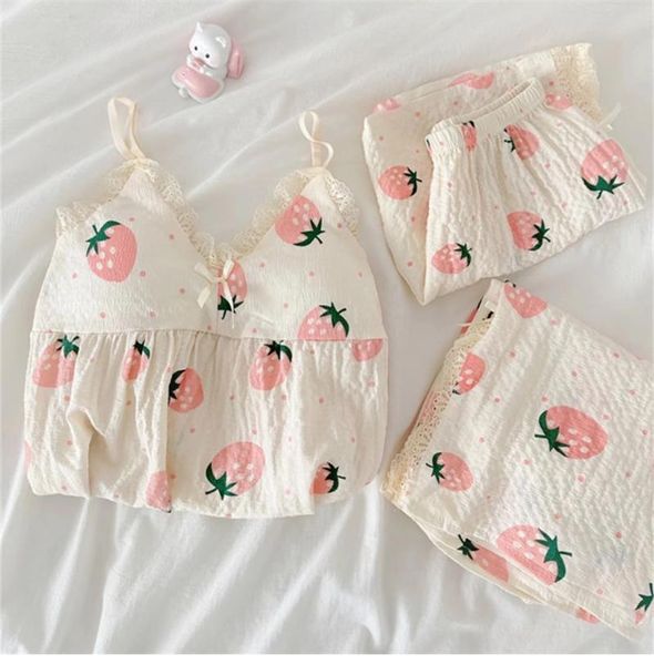 Pyjama à bretelles Style princesse, vêtements de maison, ensemble trois pièces d'été pour femmes, fil de coton pur, vêtements à la fraise