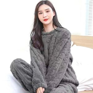 Thuiskleding Dikke Winter Jacquard Pyjama Sets voor vrouwen Solid Round Collar Pullover en broek Coral Fleece Thermal Sleepwear Casual