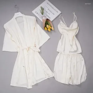 Ropa en el hogar de tres piezas Pajamas Roport Rayon Lady Wedding Bride Kimono Cami Topshorts atuendo Sexy Sling Sleepwear