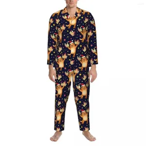 Accueil Vêtements Tigre Modèle De Noël Vêtements De Nuit Printemps Dessin Animé Étoiles Imprimer Vintage Oversize Pyjama Ensembles Hommes Manches Longues Chambre Vêtements De Nuit