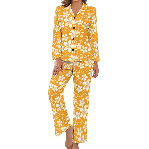 Inicio Ropa Pijamas de flores tropicales Conjunto de moda de manga larga con estampado de flores amarillas Traje de diseño estético de otoño de 2 piezas Regalo