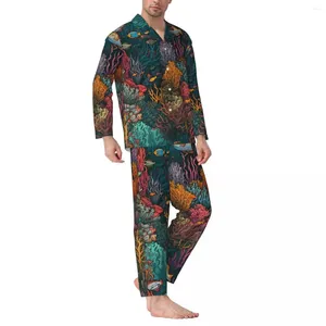 Accueil Vêtements Tropical Marine Pyjamas Men Coral Reef Print Kawaii Sleepwear Automne 2 Pièces esthétique Oversize Custom Pyjama ensembles