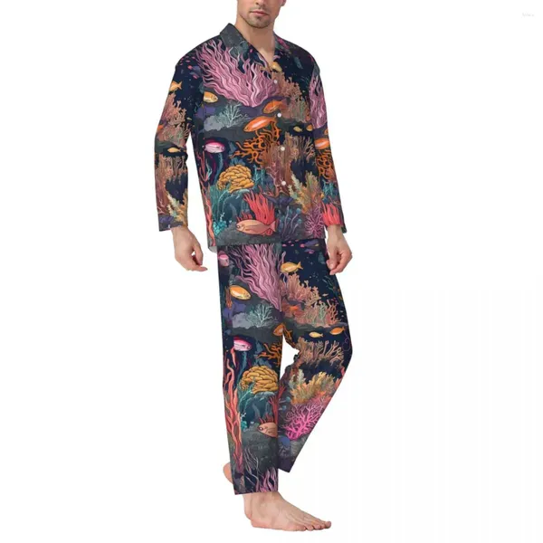 Ropa de casa ropa de dormir marina Tropical otoño Arrecife de Coral conjunto de pijama holgado informal de gran tamaño para hombre traje de diseño romántico de manga larga