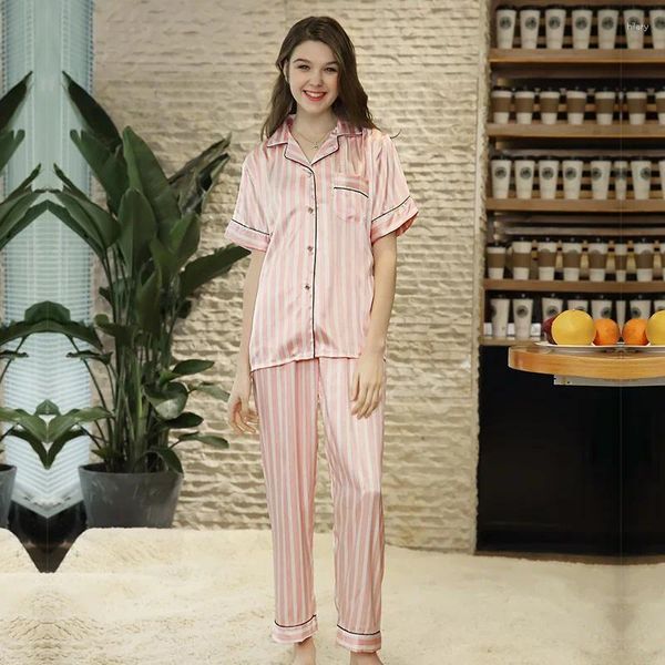 Vêtements à domicile Collier de remin-down Silk Loose Womens Sleeping Pyjama Set Casual Striped Woman Lingeries with Long Pants Pink Pijama Feminino