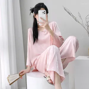 Home Kleding Twinset Pijama's Pak Leer Veer Vrouwen lange mouw nachtwear Chinese stijl vrouwelijke print slaapkleding zijdeachtige satijnen pyjama kleding