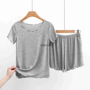 thuiskleding Tweedelige katoenen pyjama voor dames Geribbelde dunne T-shirt met korte mouwen Shorts Set dames buiten dames thuispak vaiduryd