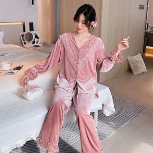 Home kleding Velour Women 2pcs Pyjama's passen casual kanten kanten slaapset set set thuismacht