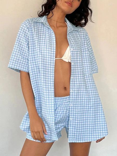 Inicio Ropa Camisa a cuadros vintage Boxer Shorts traje Mujer Y2k Lough Conjuntos de pijamas Preppy Solapa Collar Blusa Tops 2 piezas Trajes de verano para mujer