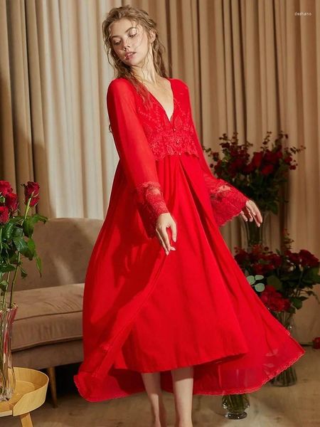 Vêtements à la maison vintage couleurs rouges 2 pièces de robe pour femmes ensembles à manches longues en dentelle royale